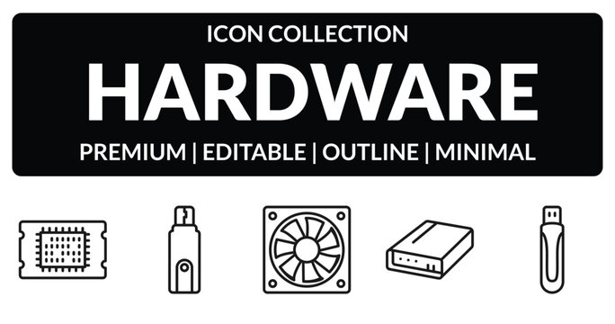 outline hardware icons set - big processor, flash card, local disk, usb flash. editable vector for web and mobile ui