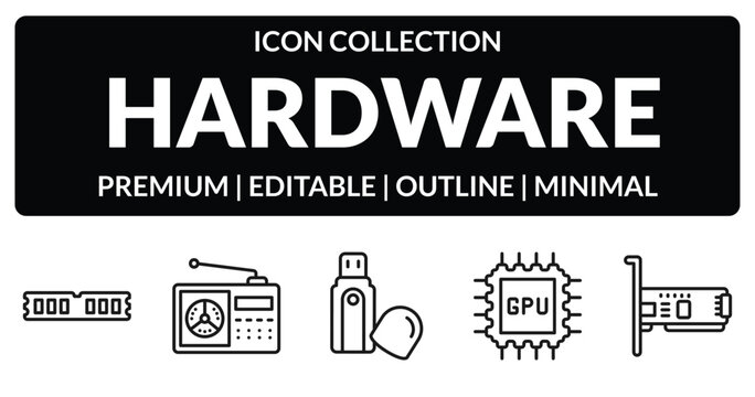 outline hardware icons set - random access memory, fm radio, gpu, network interface card. editable vector for web and mobile ui
