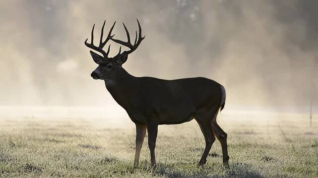 magnificent regal buck with large antlers stands in misty, dew-kissed winter field at golden hour, breath visible, backlit by sun, bokeh. nature documentary concept