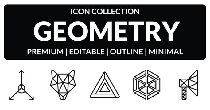 outline geometry icons set - axis, polygonal wolf head, polygonal hexagonal, polygonal megaphone. editable vector for web and mobile ui