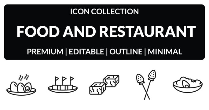 outline food and restaurant icons set - soy eggs, maria mole, tanghulu, congee. editable vector for web and mobile ui