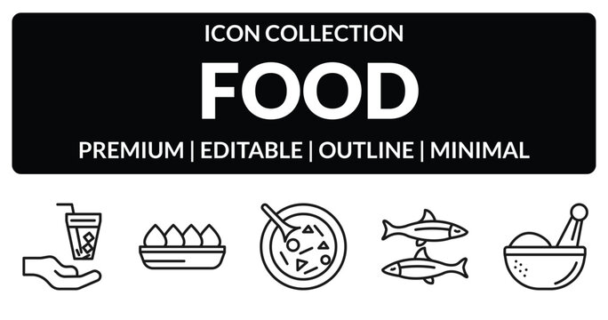 outline food icons set - drinking, fried tofu curd balls, sardines, spices. editable vector for web and mobile ui