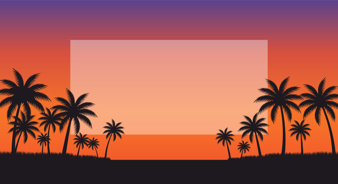 Tropical sunset with palm trees silhouette and a blank frame for text