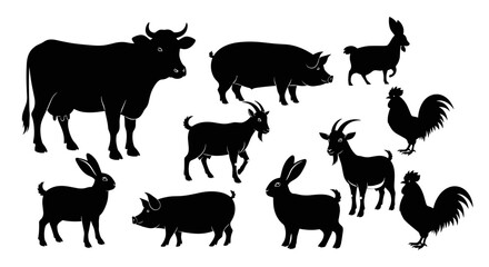 Obraz premium Collection of Farm Animal Silhouettes Including Cows Pigs Goats Rabbits and Roosters.