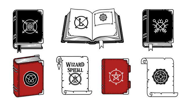 Collection of magical spell books and scrolls with arcane symbols.