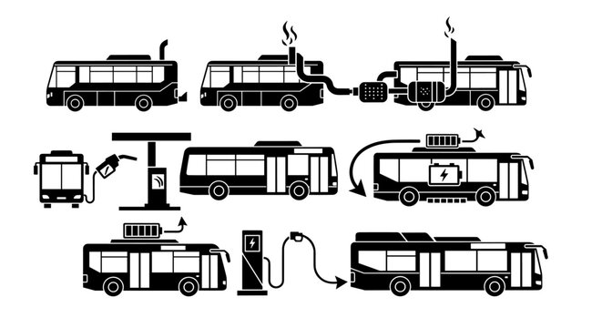 Set of illustrations depicting various bus types and their fueling methods.