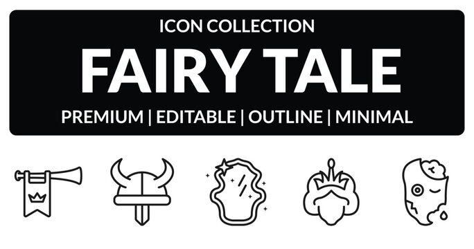 outline fairy tale icons set - fanfare, viking, queen, zombie. editable vector for web and mobile ui