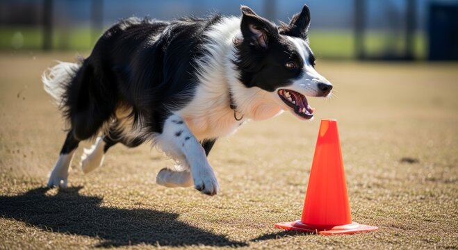 Border Collie running during agility dog training on field. Athletic dog racing around orange cone. Pet lifestyle, canine sport competition and active obedience training concept.
