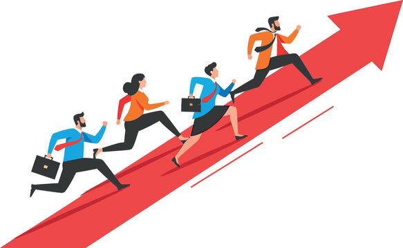 Business professionals running up a red arrow symbolizing growth and success in a corporate setting