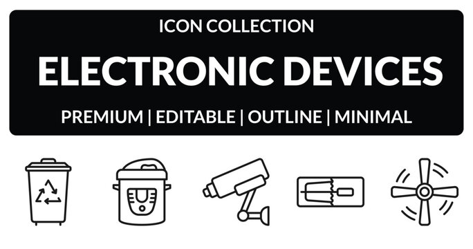 outline electronic devices icons set - trash compactor, pressure cooker, mourap, ceiling fan. editable vector for web and mobile ui