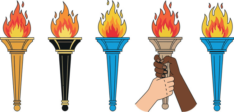 Five stylized olympic torches in gold black and blue including hands holding one torch