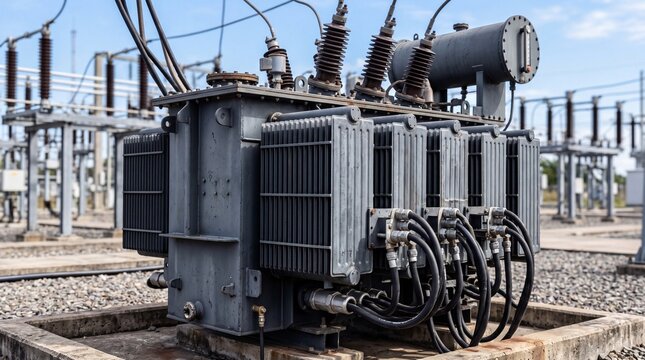 High voltage electrical transformer at a power substation. Industrial equipment for electricity distribution and energy transmission through the electrical grid. Infrastructure energy concept.