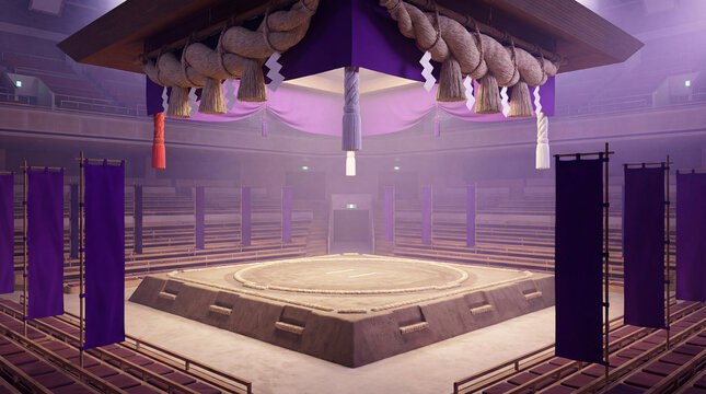 Sumo wrestling dohyo arena with traditional shinto canopy