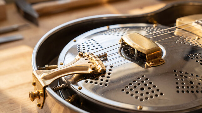 Resonator guitar close up showing metal body strings
