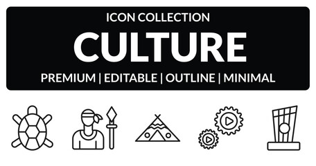 outline culture icons set - surfing a sea turtle, native, ajotomate, kankles. editable vector for web and mobile ui © IconArt
