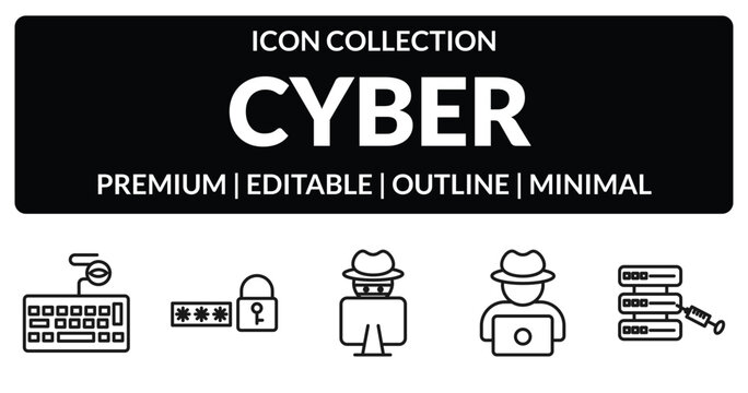 outline cyber icons set - keylogger, passwords, hack, code injection. editable vector for web and mobile ui