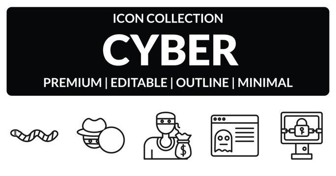 outline cyber icons set - worm, stalking, rootkit, ransomware. editable vector for web and mobile ui