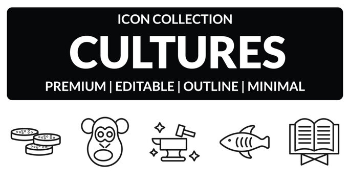 outline cultures icons set - mantecados, chimp face of brazil, marine fish, quran book. editable vector for web and mobile ui