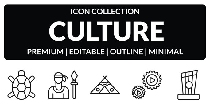 outline culture icons set - surfing a sea turtle, native, ajotomate, kankles. editable vector for web and mobile ui