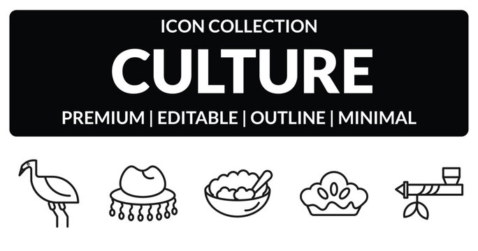 outline culture icons set - australian emu, cork hat, meat pie, pipe of peace. editable vector for web and mobile ui