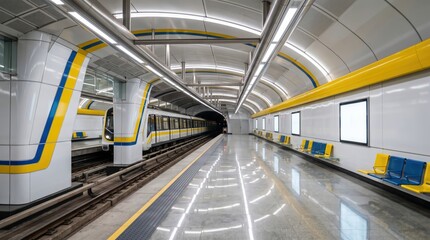 Obraz premium Subway train stopped in empty modern underground station with curved vaulted ceiling and yellow and blue platform accents