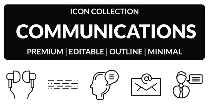 outline communications icons set - hands free, morse code, emails, talk. editable vector for web and mobile ui