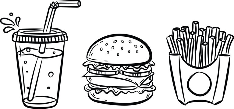 Hand drawn black and white vector illustration of fast food doodle art set with burger french fries and soda drink