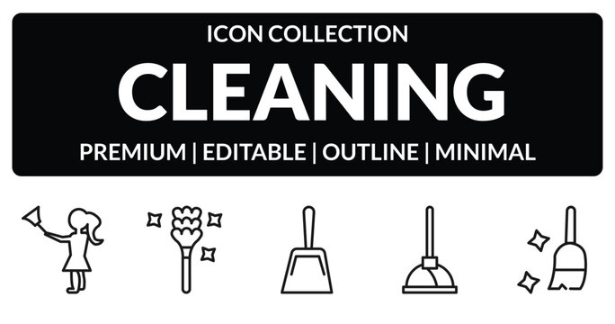 outline cleaning icons set - housekeeping, feather duster, plunger, sweeping. editable vector for web and mobile ui