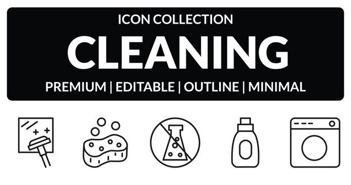 outline cleaning icons set - window cleanin, soap cleanin, stain remover, laundry. editable vector for web and mobile ui