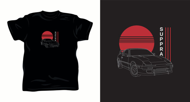 Outline illustration of classic sports car supra with red sun and vertical stripes text.