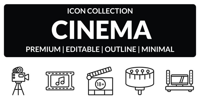 outline cinema icons set - old projector, soundtrack, zoetrope, home cinema. editable vector for web and mobile ui