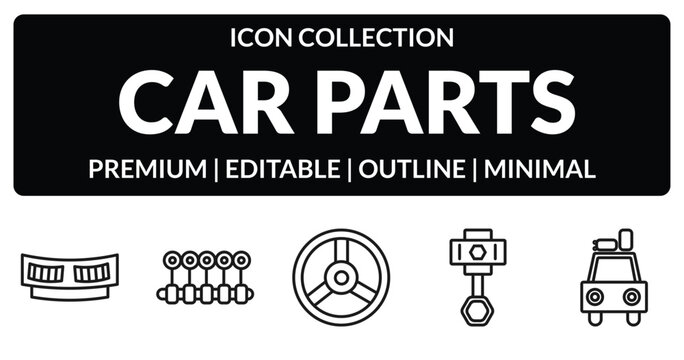 outline car parts icons set - car cowl, car crankshaft, cylinder, luggage rack. editable vector for web and mobile ui