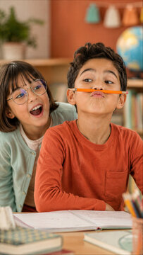 Playful school boy balancing pencil on lip and making funny face as classmate girl laughs behind him in classroom