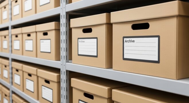 Cardboard archive boxes on metal shelves in storage warehouse. Organized document storage container for filing system. Office records management and paper logistics data organization.