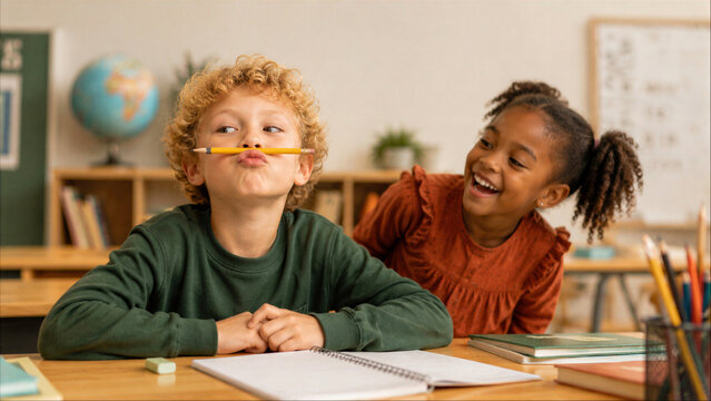 Mischievous boy balancing a pencil on his lip like a mustache while his diverse classmate laughs in an elementary school classroom.
