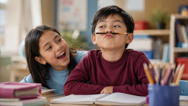 Playful elementary school boy making a funny face with a pencil on his lip, making his classmate girl laugh during study time in a classroom.