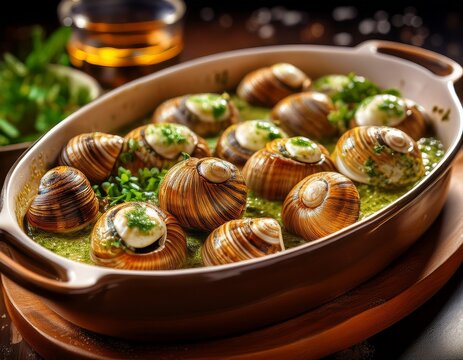detailed close up of cooked edible snails served in a ceramic baking dish with abundant garlic pepper and green herbs butter sauce for dinner generative ai