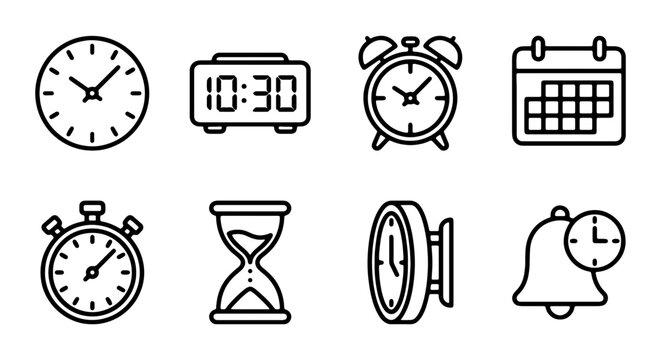 Time Icons Set: Clock, Stopwatch, Calendar, Hourglass, Alarm, Digital Display, Wall Clock