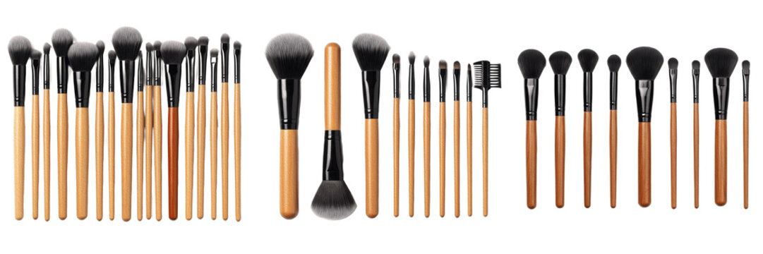 Set and collection of professional makeup artist cosmetic brush kit essential beauty tools for face skin care application isolated on white transparent png background.