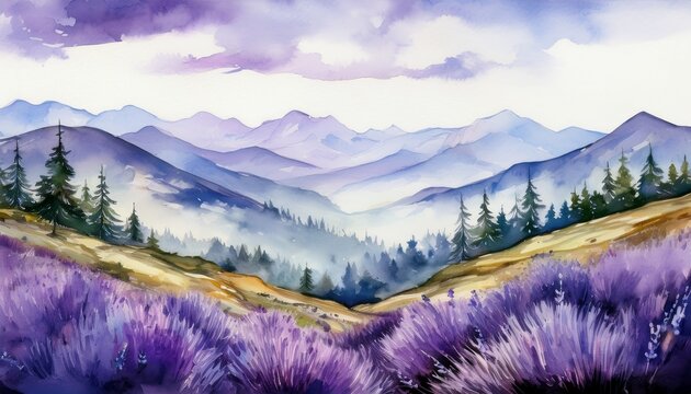 watercolor mountain landscape with fog and lavender