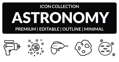 outline astronomy icons set - laser gun, space junk, asteroid, neptune with satellite. editable vector for web and mobile ui © IconArt
