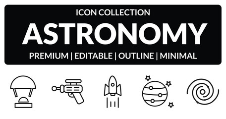 outline astronomy icons set - capsule parachute, space gun, jupiter with satellite, black hole. editable vector for web and mobile ui © IconArt
