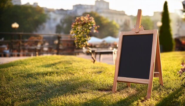 blank chalkboard on wooden easel outdoors