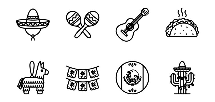 Mexican Fiesta Icons Set: Sombrero, Maracas, Guitar, Taco, Pinata, Banner, Flag, Cactus
