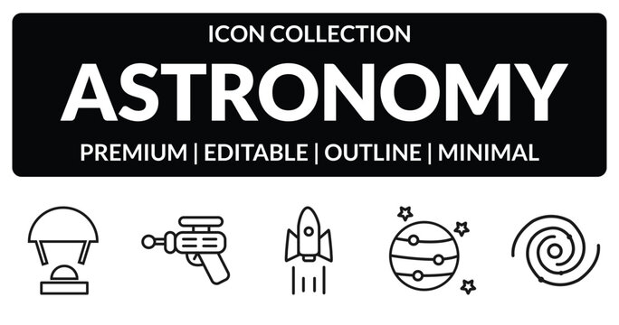 outline astronomy icons set - capsule parachute, space gun, jupiter with satellite, black hole. editable vector for web and mobile ui
