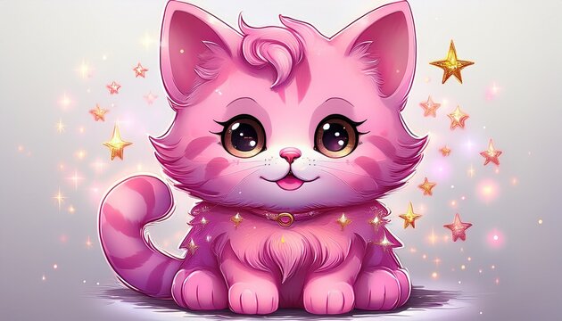 cute pink kitty character with sparkling stars and stitches on a white backdrop