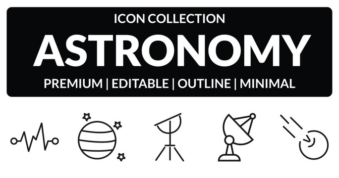 outline astronomy icons set - magnitude, uranus with satellite, big satellite, comet. editable vector for web and mobile ui