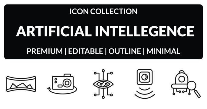 outline artificial intellegence icons set - panorama, ar camera, motion sensor, microbots. editable vector for web and mobile ui