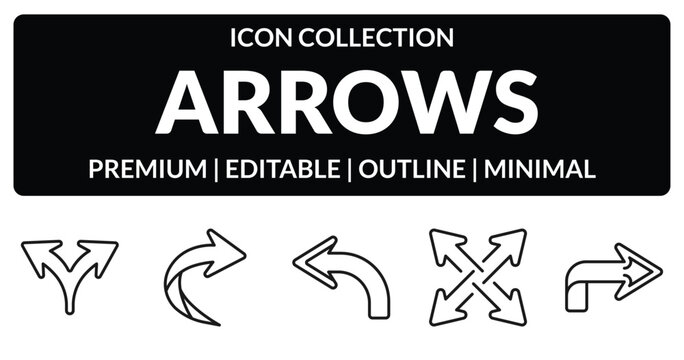 outline arrows icons set - split arrows, right curve, expad arrows, right arrow curved. editable vector for web and mobile ui