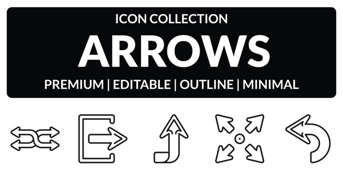 outline arrows icons set - suffle, exit right, expand, backward arrow. editable vector for web and mobile ui